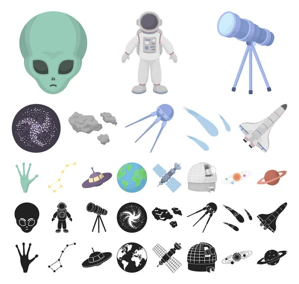 Desenhos Animados Tecnologia Espacial Ícones Pretos Coleção Conjuntos Para Design — Vetor de Stock