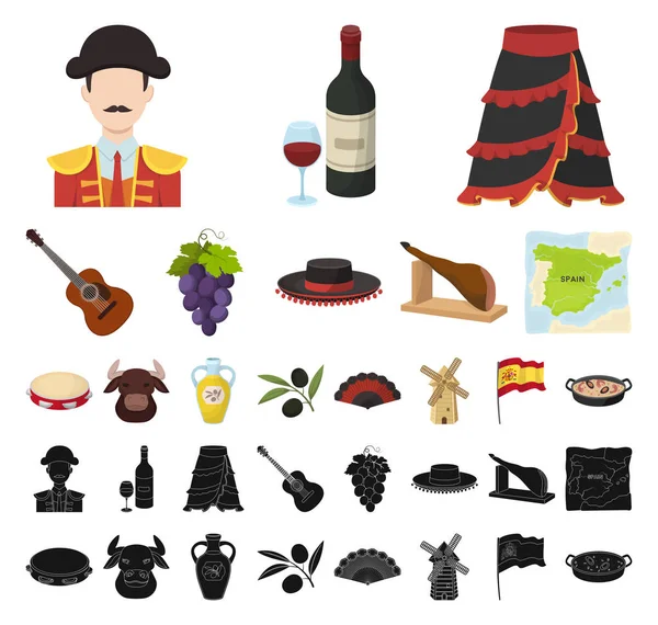 España país de dibujos animados, iconos negros en la colección de conjuntos para design.Travel y atracciones vector símbolo stock web ilustración . — Archivo Imágenes Vectoriales