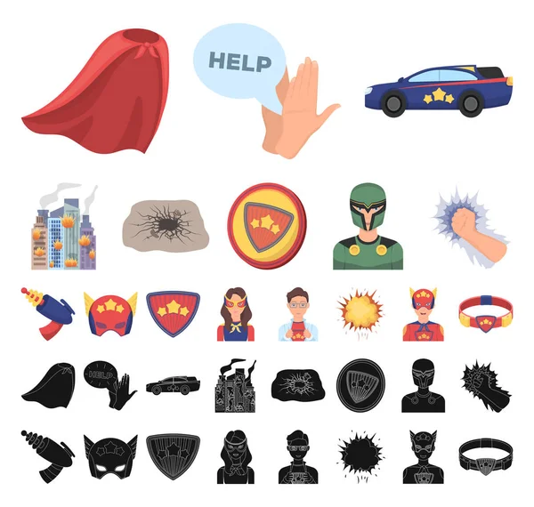 En fantastisk superhjälte karikatyr, svart ikoner i set samling för design. Superheros utrustning vektor symbol lager web illustration. — Stock vektor