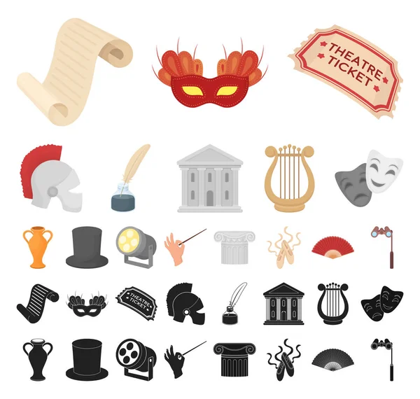 Theatrale kunst tekenfilm, zwarte pictogrammen in set collectie voor design. Theater-apparatuur en accessoires vector symbool voorraad web illustratie. — Stockvector