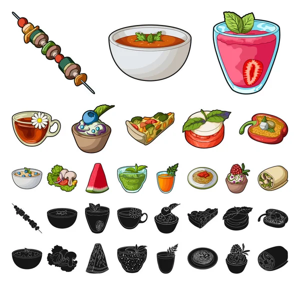 Dibujos animados plato vegetariano, iconos negros en la colección de conjuntos para design.Vegetable y la leche símbolo vector alimento stock web ilustración . — Archivo Imágenes Vectoriales