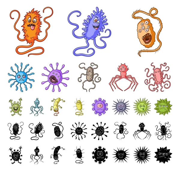 Typer av roliga mikrober tecknad, svart ikoner i set samling för design. Mikrober patogena vektor symbol lager web illustration. — Stock vektor