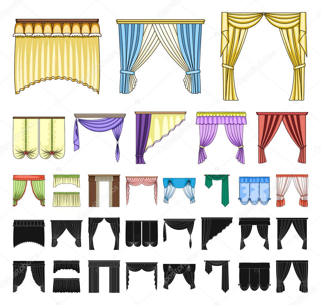Different kinds of curtains cartoon, black icons in set collection for design. Curtains and lambrequins vector symbol stock  illustration.
