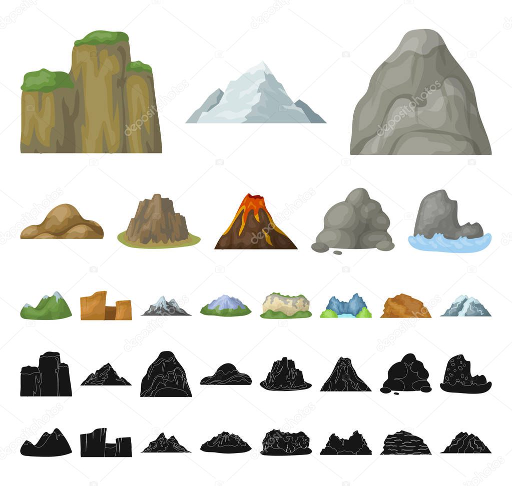 Different mountains cartoon, black icons in set collection for design.Mountains and landscape vector symbol stock web illustration.