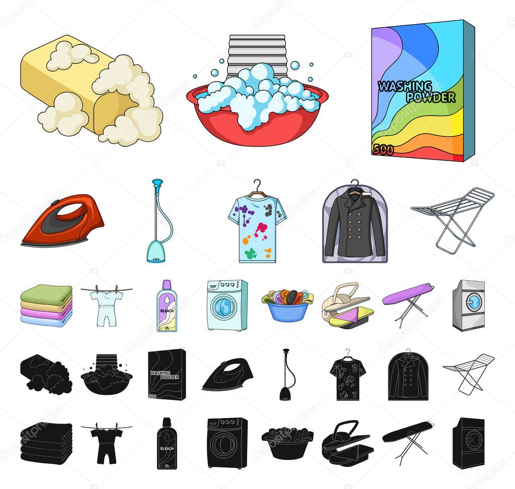 Dry cleaning equipment cartoon, black icons in set collection for design. Washing and ironing clothes vector symbol stock  illustration.