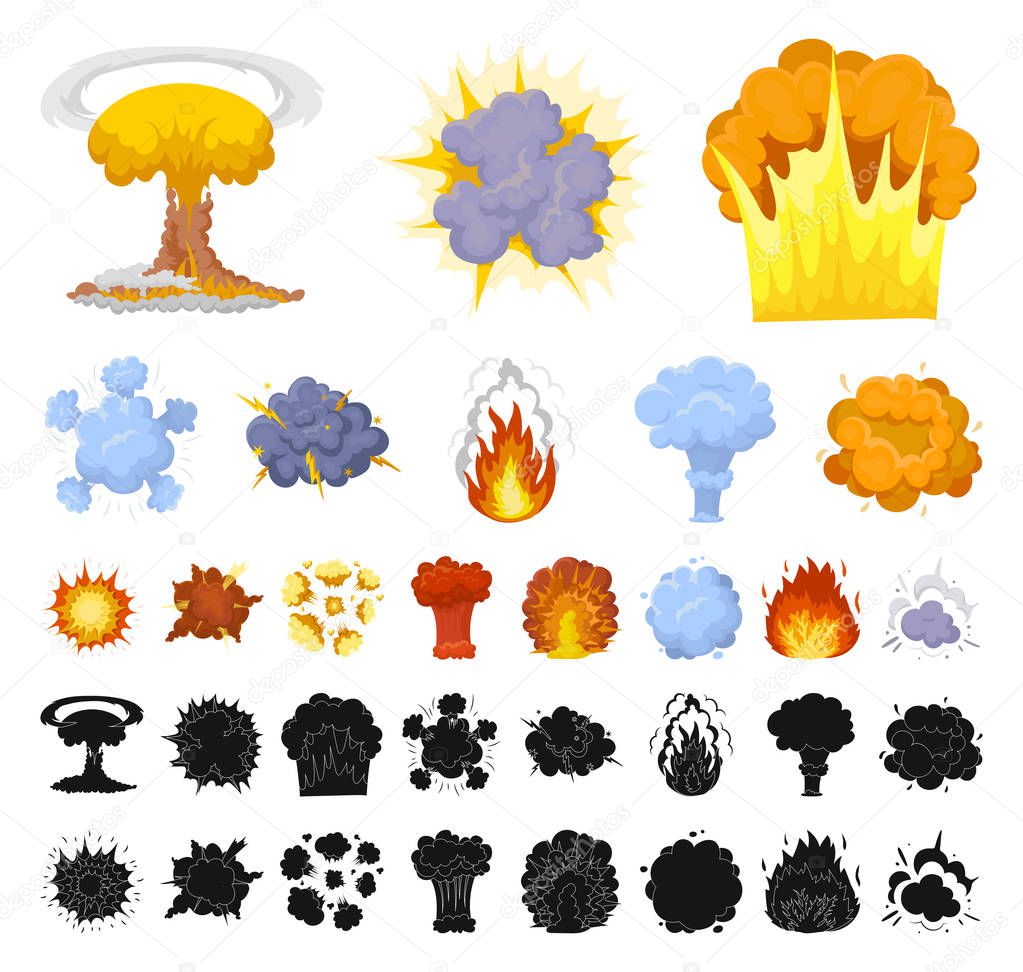 Different explosions cartoon, black icons in set collection for design.Flash and flame vector symbol stock web illustration.