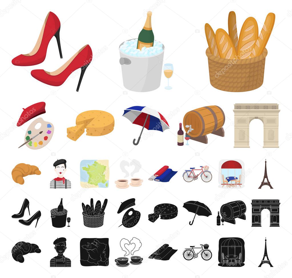 Country France cartoon, black icons in set collection for design. France and landmark vector symbol stock  illustration.