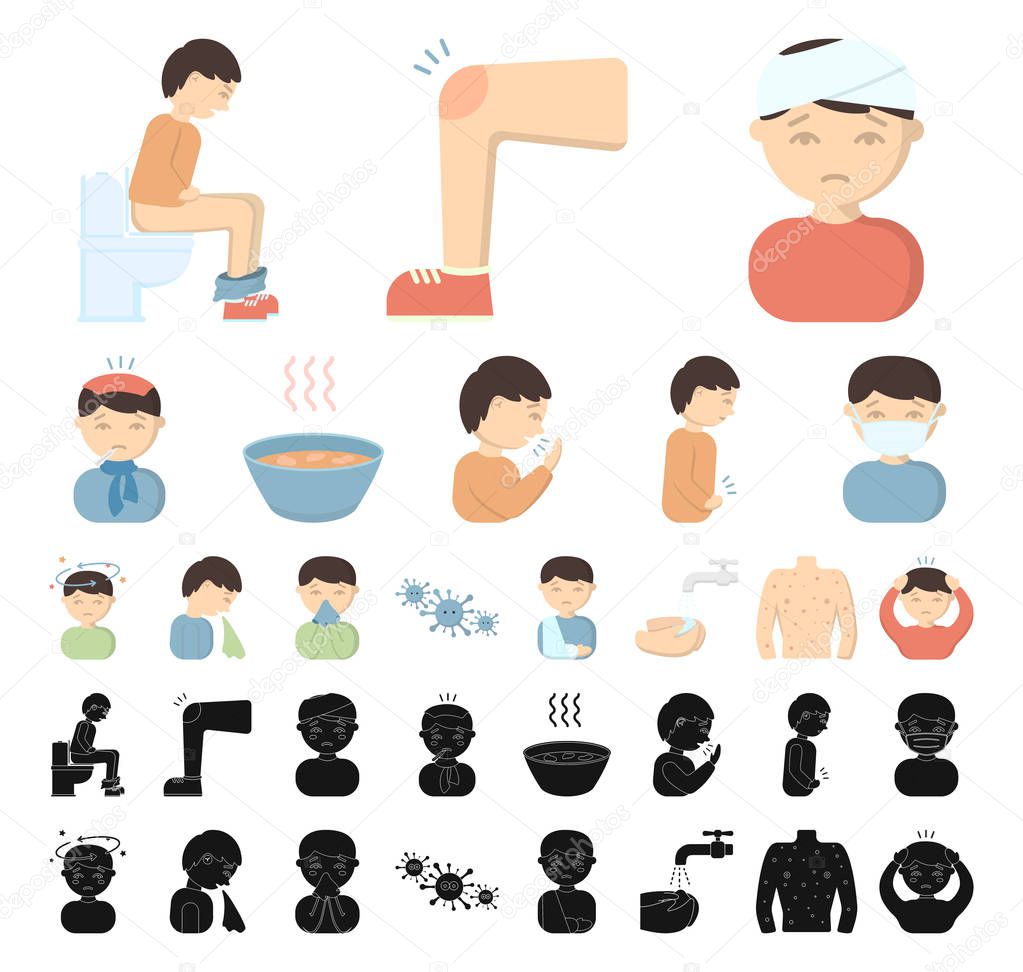 The sick man cartoon, black icons in set collection for design. Illness and treatment vector symbol stock  illustration.