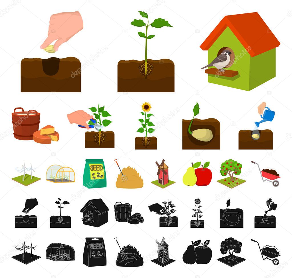 Farm and agriculture cartoon, black icons in set collection for design. Garden and plants isometric vector symbol stock web illustration.