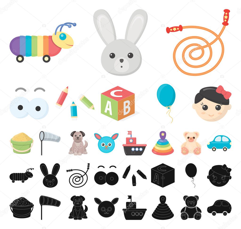 Childrens toy cartoon, black icons in set collection for design. Game and bauble vector symbol stock web illustration.