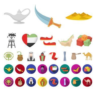 Ülke Birleşik Arap Emirlikleri çizgi film, set koleksiyonu tasarım için düz simgeler. Turizm ve cazibe simge stok illüstrasyon vektör.