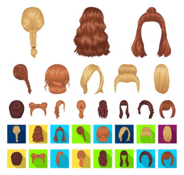 Kadın saç modeli çizgi film, set koleksiyonu tasarım için düz simgeler. Şık saç kesimi vektör simge stok web çizimi.