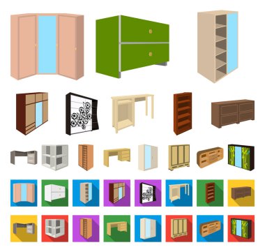 Yatak odası mobilya çizgi film, set koleksiyonu tasarım için düz simgeler. Modern ahşap mobilya izometrik vektör simge stok web çizimi.