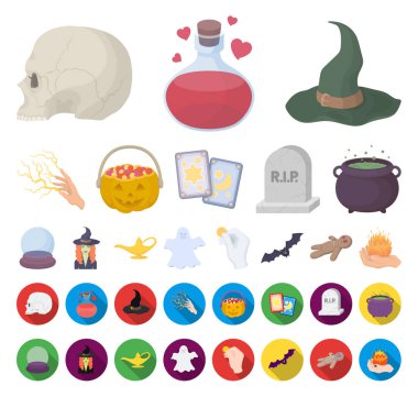 çizgi film, düz ve white magic karikatür, set koleksiyonu tasarım için düz simgeler. Sembol stok web illüstrasyon vektör öznitelikleri ve büyücü aksesuarları.