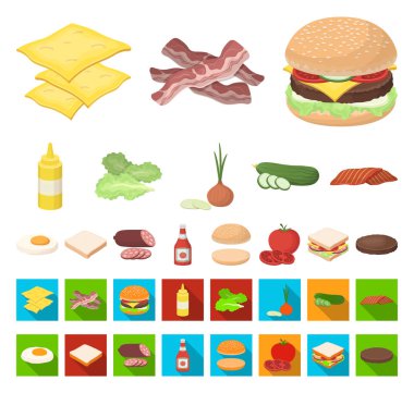 Burger ve malzemeler karikatür, set koleksiyonu tasarım için düz simgeler. Vektör simge stok web illüstrasyon pişirme Burger.