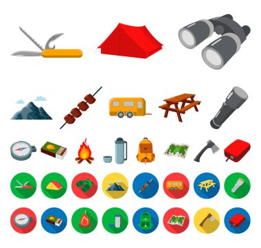 Dinlenme kamp karikatür, set koleksiyonu tasarım için düz simgeler. Kamp ve ekipman sembol stok web illüstrasyon vektör.