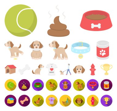 Evde beslenen hayvan köpek çizgi film, set koleksiyonu tasarım için düz simgeler. Köpek yavrusu vektör simge stok web çizim için bakım.