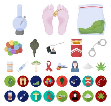 Uyuşturucu bağımlılığı ve öznitelikleri karikatür, set koleksiyonu tasarım için düz simgeler. Sembol stok web illüstrasyon vektör bağımlısı ve uyuşturucu.