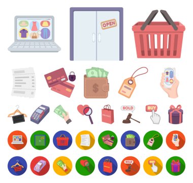 E-ticaret, satın alma ve satış çizgi film, set koleksiyonu tasarım için düz simgeler. Ticaret ve finans sembol stok web illüstrasyon vektör.