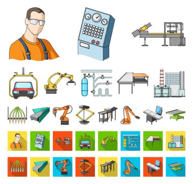 Ekipman ve makine çizgi film, düz simgeler toplama tasarımı için ayarlayın. Fabrika vektör simge stok web çizim teknik ilerleme.