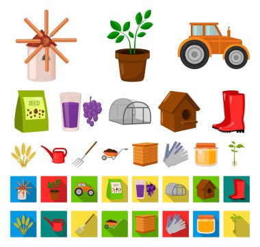 Çiftlik ve Bahçe çizgi film, set koleksiyonu tasarım için düz simgeler. Çiftlik ve ekipman sembol stok web illüstrasyon vektör.