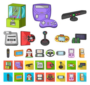 Oyun konsolu ve sanal gerçeklik çizgi film, set koleksiyonu tasarım için düz simgeler. Oyun gadget'lar sembol stok web illüstrasyon vektör.