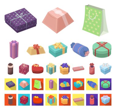 Hediye ve paketleme çizgi film, düz simgeler toplama tasarımı için ayarlayın. Renkli ambalaj sembol stok web illüstrasyon vektör.