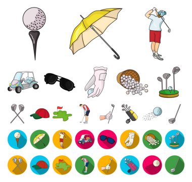 Golf ve öznitelikleri karikatür, set koleksiyonu tasarım için düz simgeler. Golf Kulübü ve ekipman sembol stok web illüstrasyon vektör.