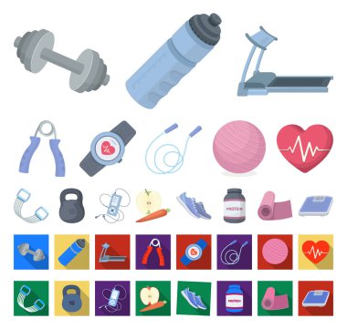 Spor salonu ve eğitim çizgi film, set koleksiyonu tasarım için düz simgeler. Spor salonu ve ekipmanları sembol stok web illüstrasyon vektör.