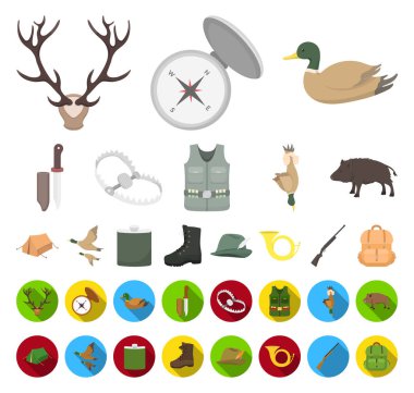 Avcılık ve kupa çizgi film, düz simgeler toplama tasarımı için ayarlayın. Avcılık ve ekipman sembol stok web illüstrasyon vektör.