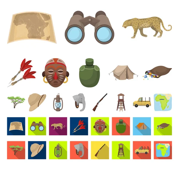 African Safari cartoon,flat icons in set collection for design. Trophies and equipment for Safari vector symbol stock web illustration. — Stock Vector