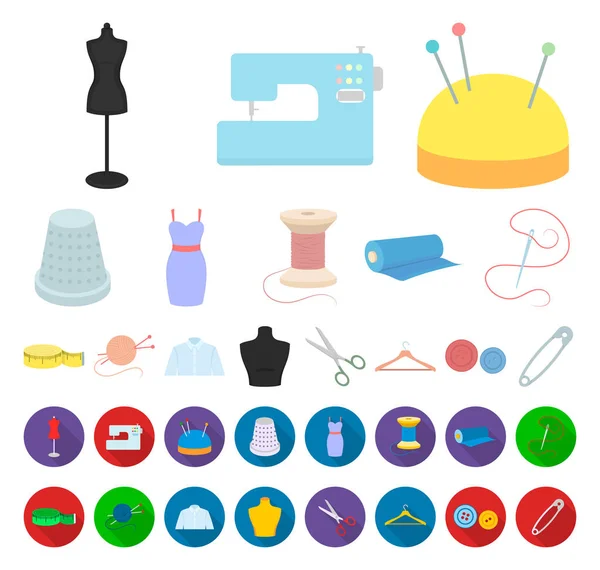 Atelier and sewing cartoon, flat icons in set collection for design. Оборудование и инструменты для шитья векторных символов . — стоковый вектор