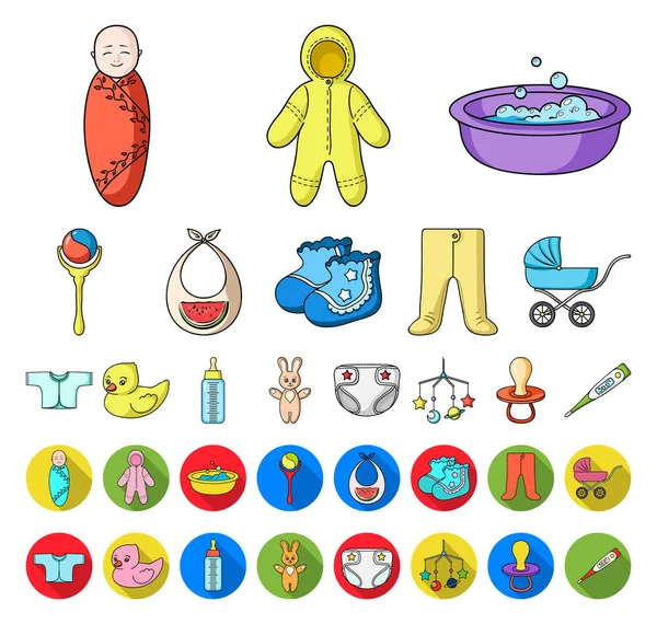 Naissance d'un dessin animé pour bébé, icônes plates dans la collection de set pour le design. Nouveau-né et accessoires symbole vectoriel stock illustration web . — Image vectorielle