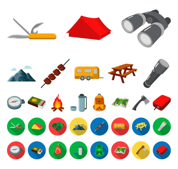 Rust in de camping tekenfilm, plat pictogrammen in set collectie voor design. Camping en apparatuur vector symbool voorraad web illustratie. — Stockvector