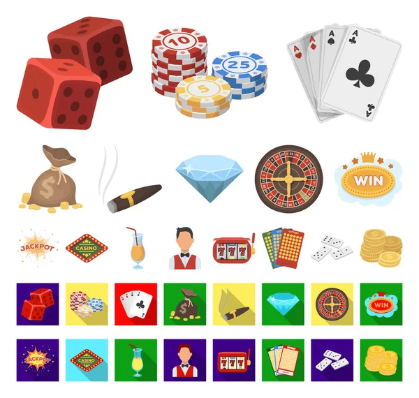 Casino y juegos de azar de dibujos animados, iconos planos en la colección de conjuntos para el diseño. Casino y equipo vector símbolo stock web ilustración . — Vector de stock