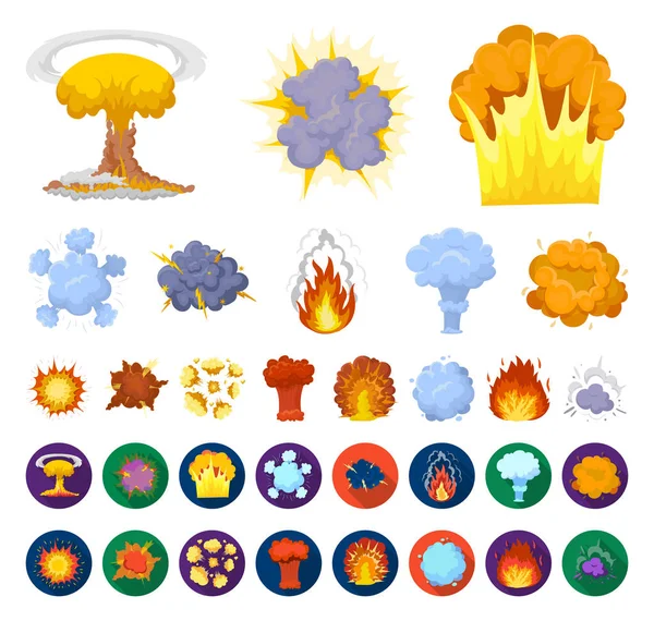 Desenhos animados de explosões diferentes, ícones planos na coleção do jogo para a ilustração do Web do símbolo do vetor do design.Flash e da chama . —  Vetores de Stock