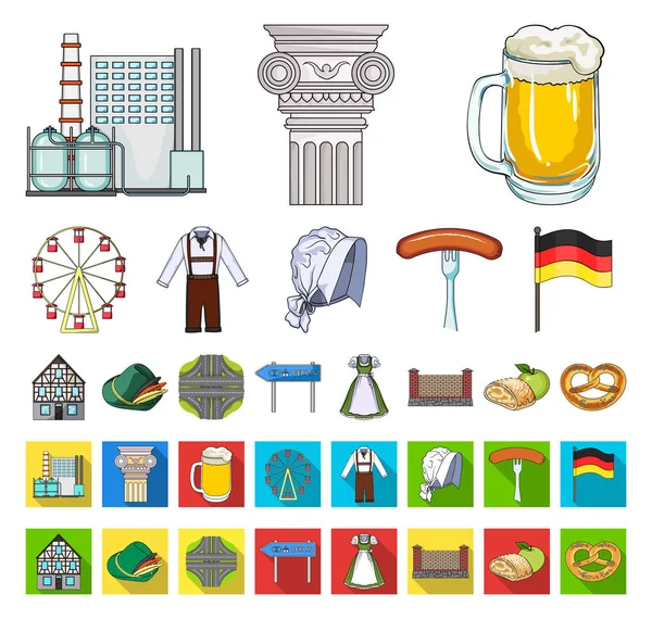 Land Duitsland tekenfilm, plat pictogrammen in set collectie voor design. Duitsland en landmark symbool voorraad web vectorillustratie. — Stockvector