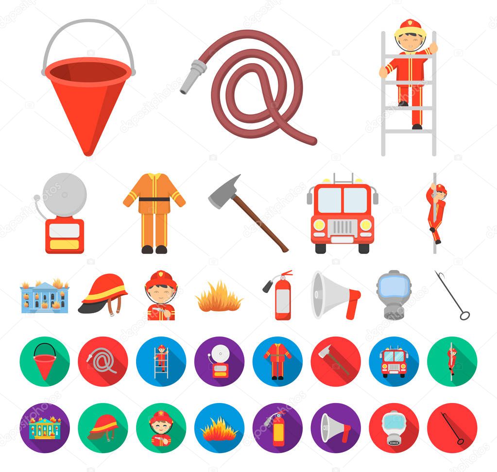 Fire Department cartoon,flat icons in set collection for design. Firefighters and equipment vector symbol stock web illustration.