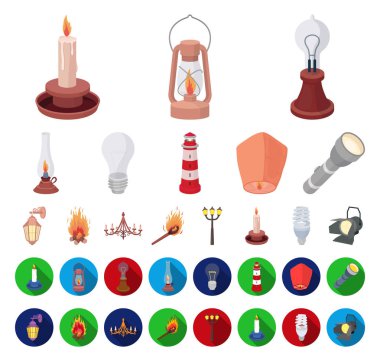 Işık kaynağı çizgi film, set koleksiyonu tasarım için düz simgeler. Işık ve ekipman sembol stok web illüstrasyon vektör.