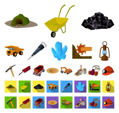 Düz simgeler toplama tasarımı için set madencilik sanayi karikatür. Cihazlar ve sembol stok web illüstrasyon vektör.