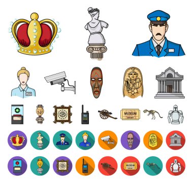 Müze ve Galeri çizgi film, düz simgeler toplama tasarımı için ayarlayın. Depolama ve serginin görülmeye değer parça sembol stok illüstrasyon vektör.