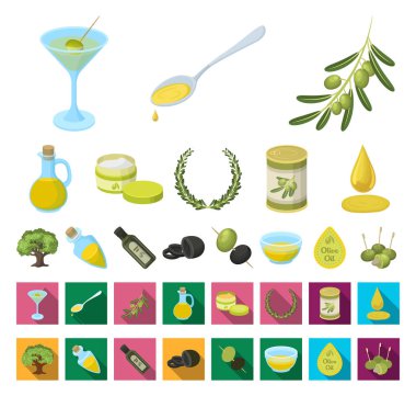 Olive, gıda çizgi film, set koleksiyonu tasarım için düz simgeler. Zeytin yağı, vektör simge stok web illüstrasyon baharat.