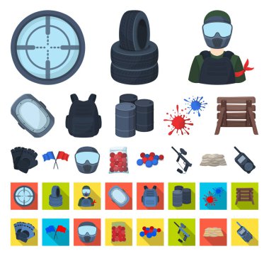 Paintball, takım oyunu çizgi film, set koleksiyonu tasarım için düz simgeler. Ekipman ve kıyafet sembol stok web illüstrasyon vektör.