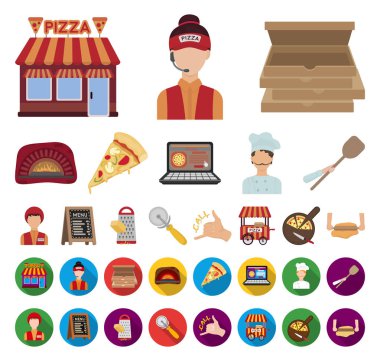 Pizza ve pizza çizgi film, düz simgeler toplama tasarımı için ayarlayın. Personel ve ekipman sembol stok web illüstrasyon vektör.