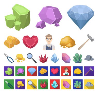 Değerli mineraller çizgi film, düz simgeler toplama tasarımı için ayarlayın. Kuyumcu ve ekipman sembol stok web illüstrasyon vektör.