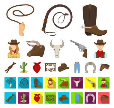 Rodeo, rekabet çizgi film, set koleksiyonu tasarım için düz simgeler. Kovboy ve ekipman sembol stok web illüstrasyon vektör.