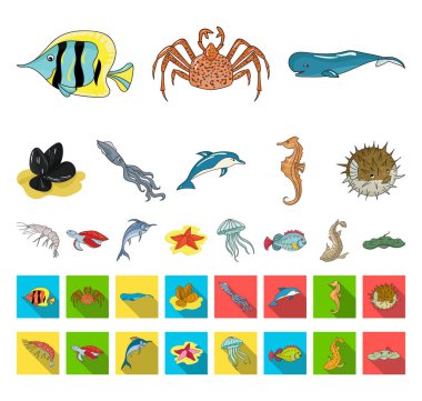 Çeşitli deniz hayvanları karikatür, düz simgeler toplama tasarımı için ayarlayın. Balık ve kabuklu deniz ürünleri sembol stok web illüstrasyon vektör.