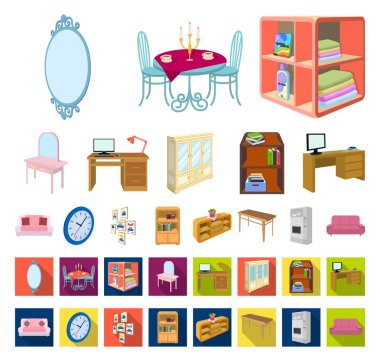 Mobilya ve iç çizgi film, set koleksiyonu tasarım için düz simgeler. Ev mobilyası izometrik sembol stok illüstrasyon vektör.