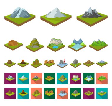 Dağlar, büyük çizgi film, set koleksiyonu tasarım için düz simgeler. Dünya vektör izometrik sembol stok web çizim yüzeyi.