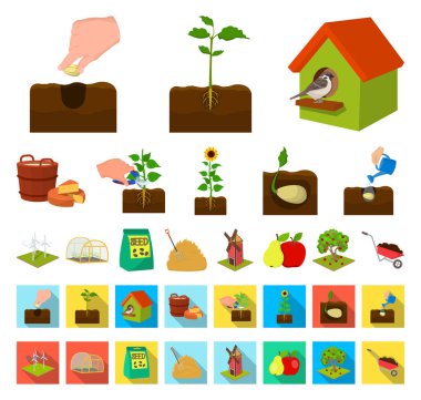 Çiftlik ve tarım çizgi film, düz simgeler toplama tasarımı için ayarlayın. Bahçe ve bitki izometrik vektör simge stok web çizim.